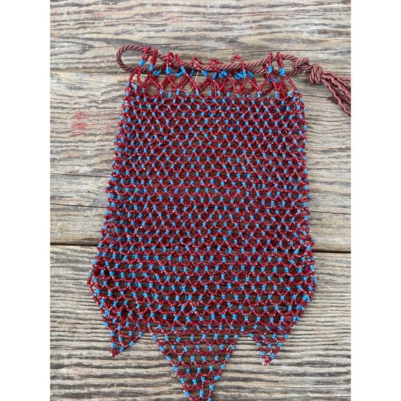 Antique Glass Beaded Pouch Draw String Purse Red Blue No lining - Picture 2 of 9